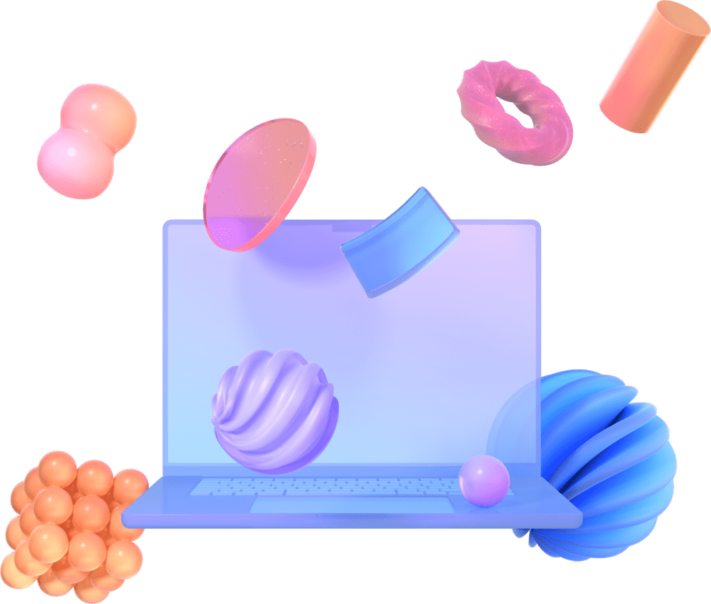 Laptop with Gradient shapes floating around showing beginners learning on laptops