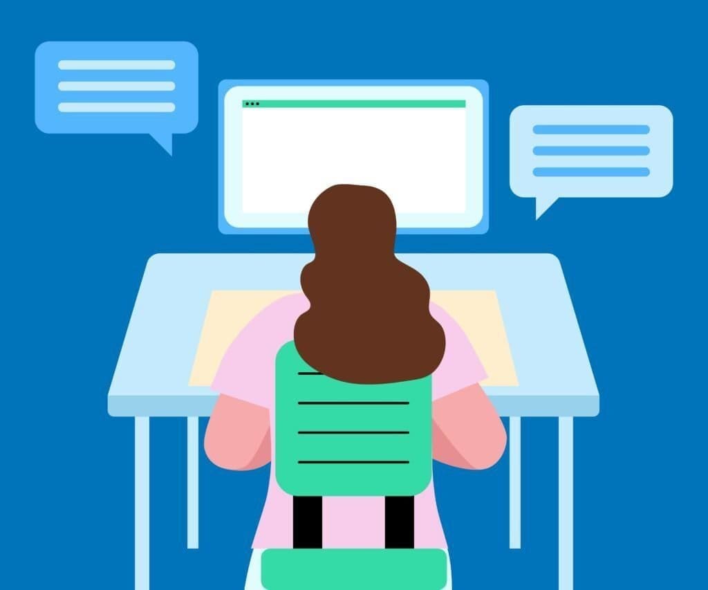 How to Choose a UK Trading Platform 10 Woman sitting at her desk surrounded by customer service speech bubbles