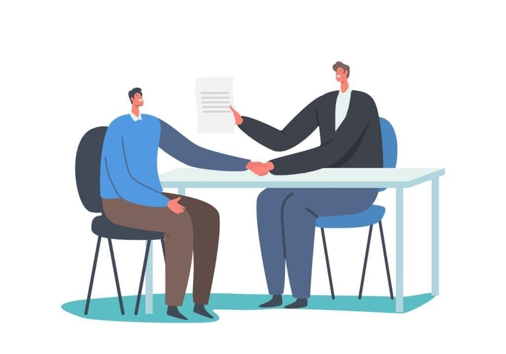 How to Open a Trading Account with a Broker in the UK 5 Man signing-up / registering for a brokerage account shaking hands with a man in a suit