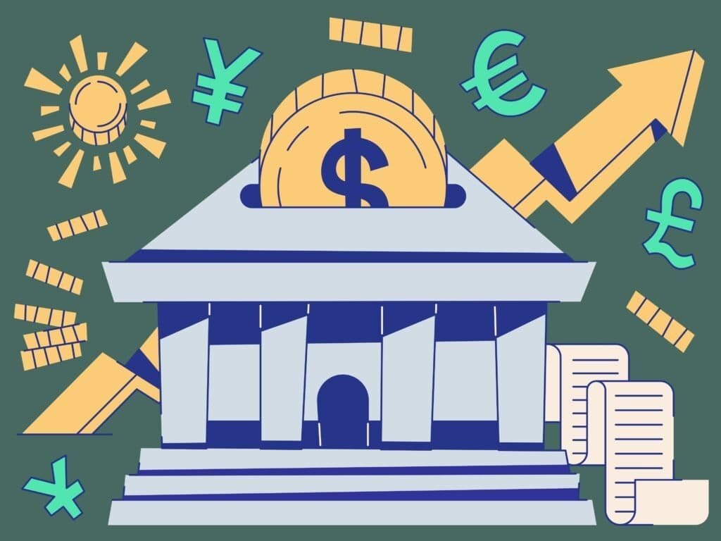 Bank showing investments rise and dollar sign