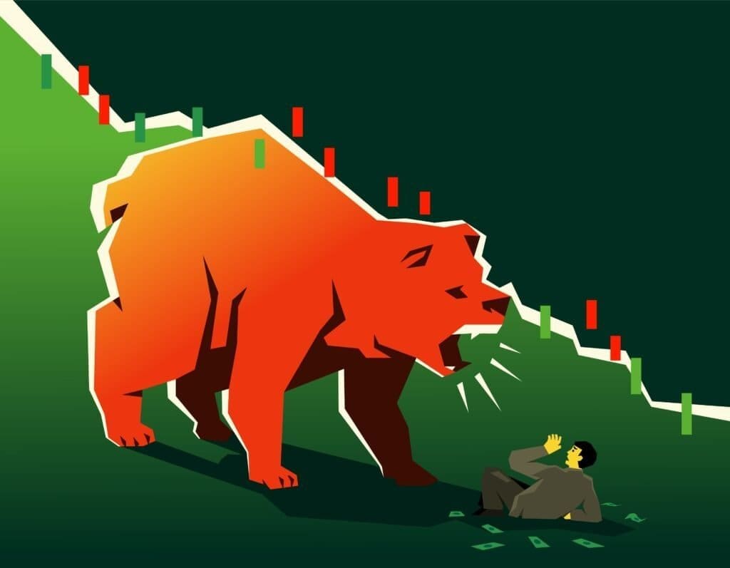 Bear in stock markets showing losses in markets warning of poor risk management