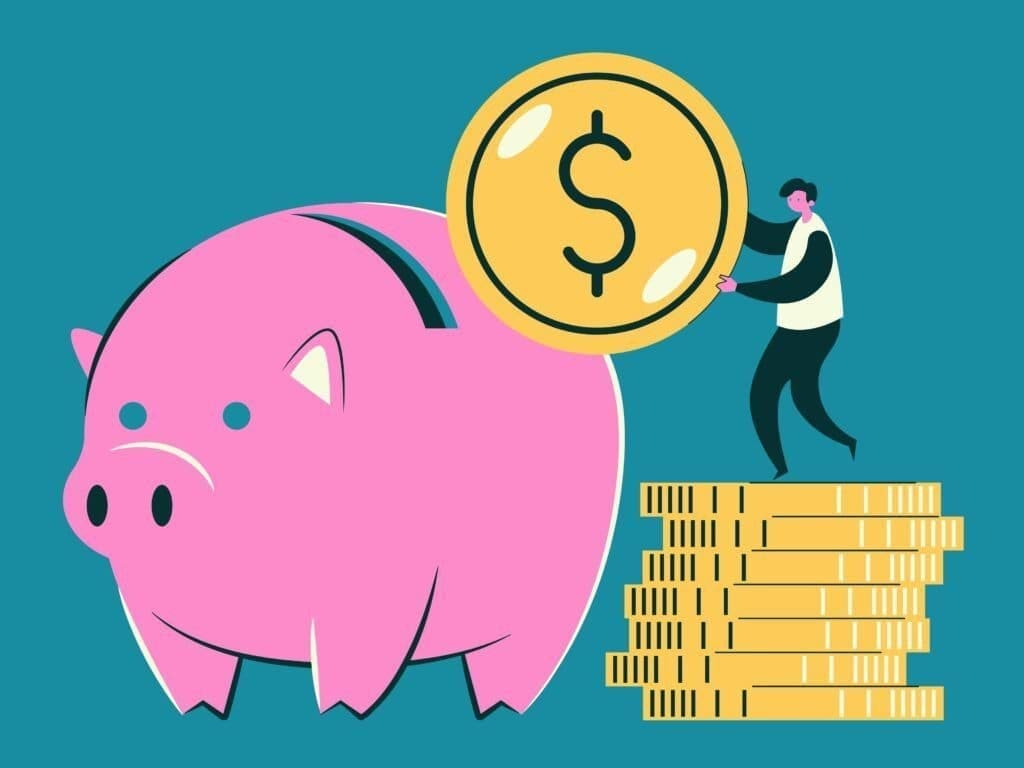 Woman putting money into a piggy bank indicating broker fees
