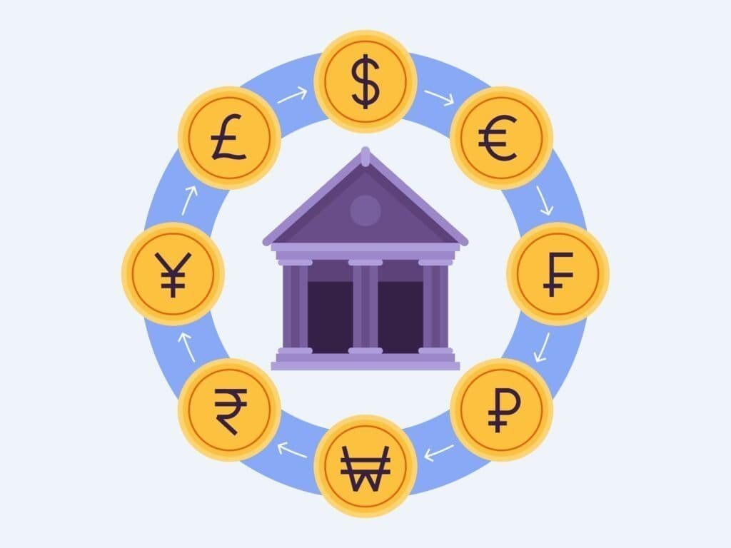 How to Open a Trading Account with a Broker in the UK 7 Image of a bank surrounded by multiple currencies indicating a deposit