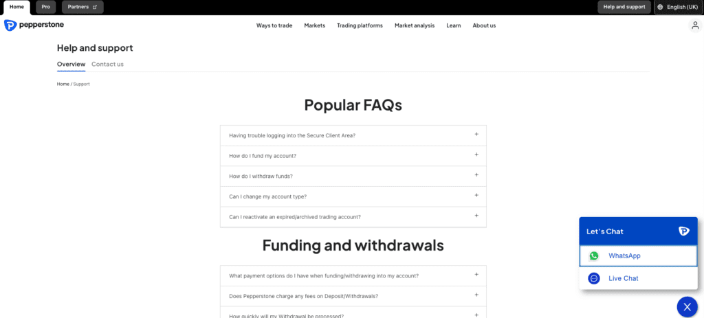 Pepperstone live chat and FAQ section