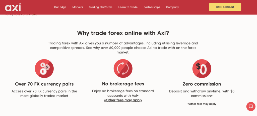 Axi's claim of 70+ forex pairs on their site - June 2026