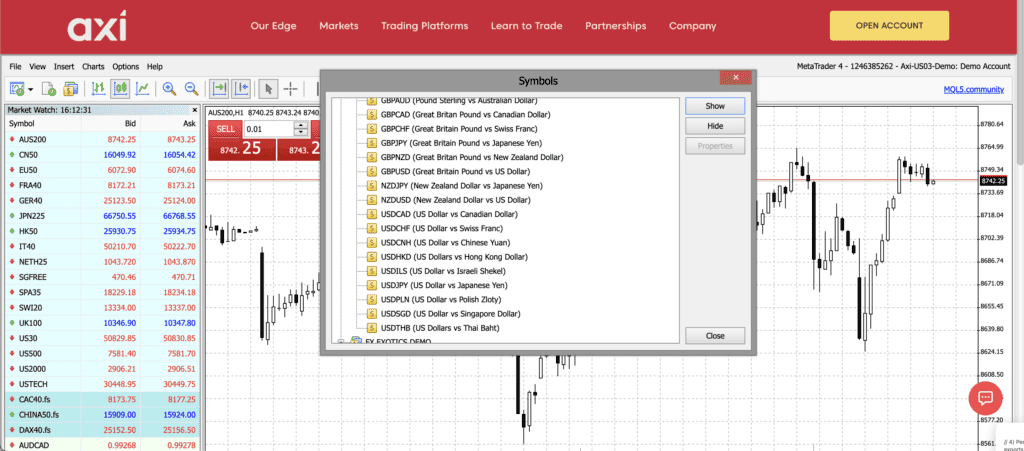 Major and Minor FX pairs from Axi's platform